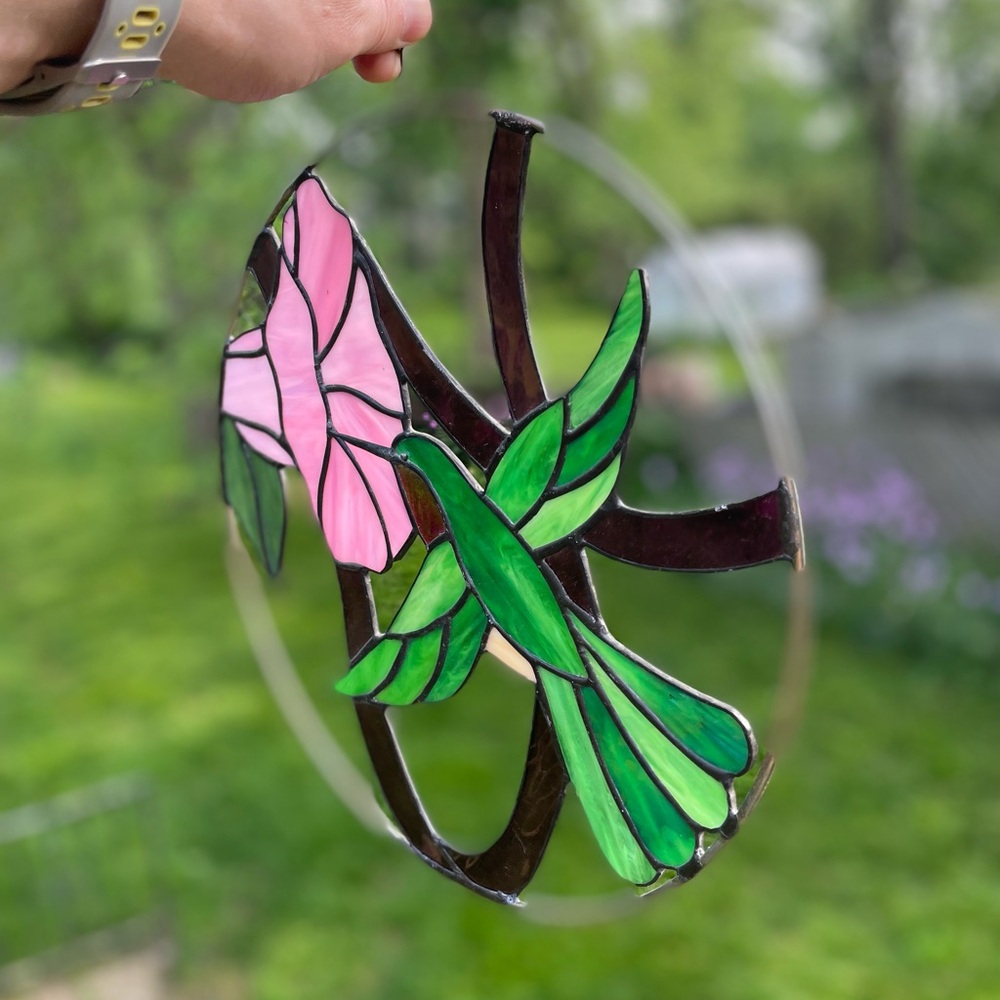 Stained Glass Hummingbird and Flower Art - Picture 4 of 6